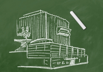 Chalk drawing of Jerome Greene Hall
